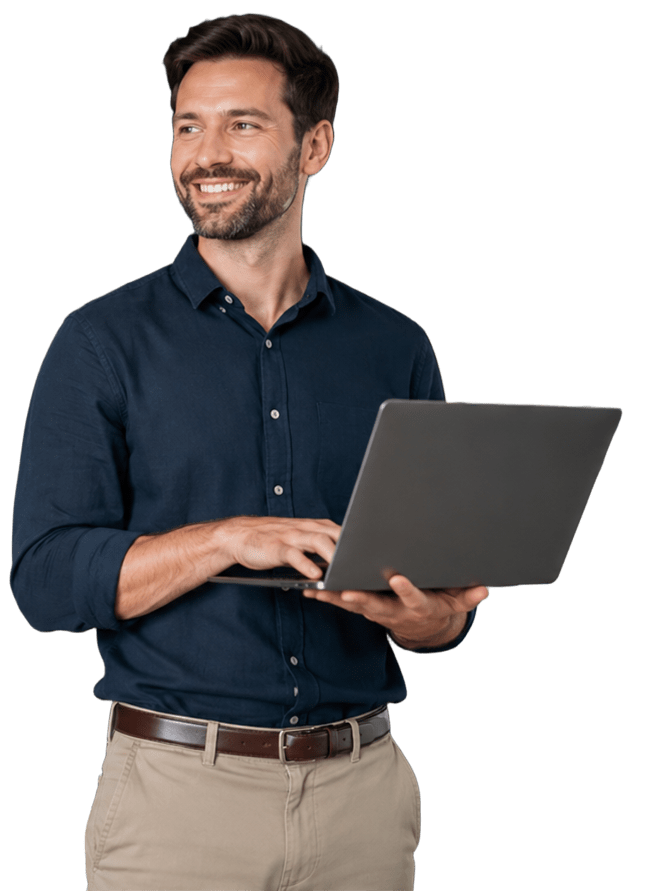 Profissional da Kronos segurando um notebook